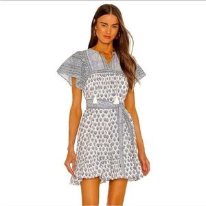 Cleobella Leah Mini Dress Blue White Hydrangea Floral Flutter Sleeve Belt Size M